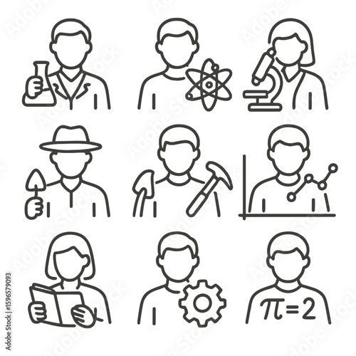 Scientific Roles Icons. Line style icons of scientific and research roles: chemist with flask, physicist with atom, biologist with
