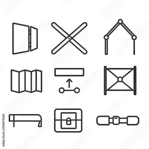 Collapsible Icon Collection. Line style icons of collapsible and foldable elements: hinge folding panel, scissor frame icon,