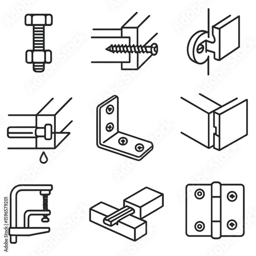 Structural Joint Icons. Line style icons of structural joint and fastening types: bolt and nut pair, wood screw connection, cam