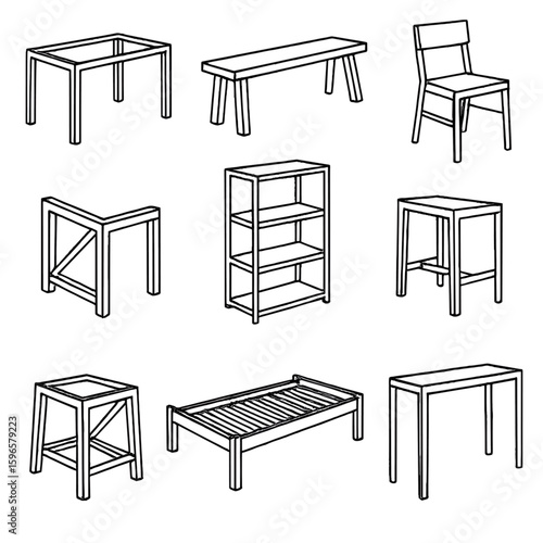 Basic Furniture Icon Sketches. Line style icons of basic furniture frame construction: rectangular table frame, single-plank bench