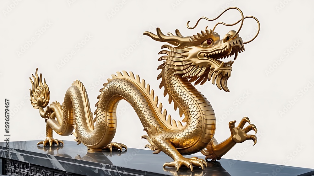 Obraz premium A golden chinese dragon statue, a symbol of power, luck, and prosperity, isolated on white background