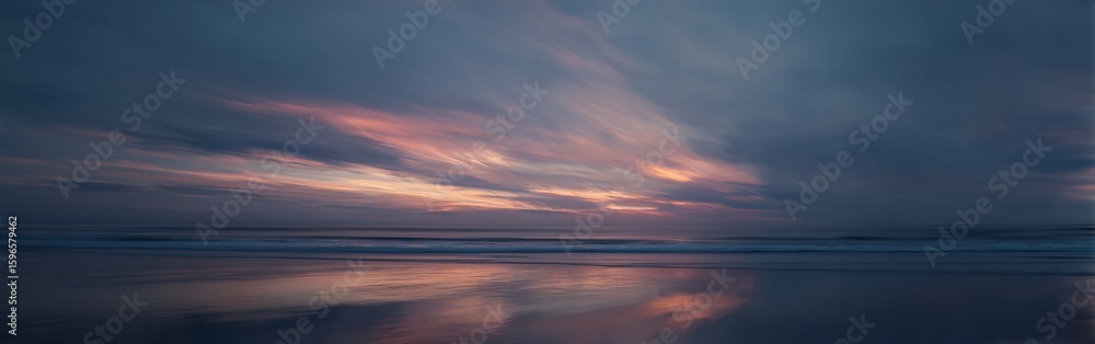 Obraz premium Dramatic Ocean Sunset with Reflective Beach and Textured Cloud Formations
