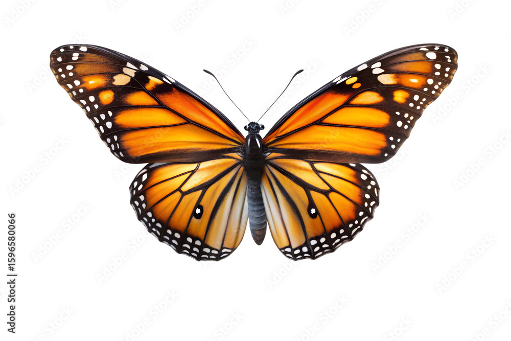 Fototapeta premium A vibrant monarch butterfly with intricate patterns is isolated on transparent background, showcasing its delicate wings and striking orange and black coloration
