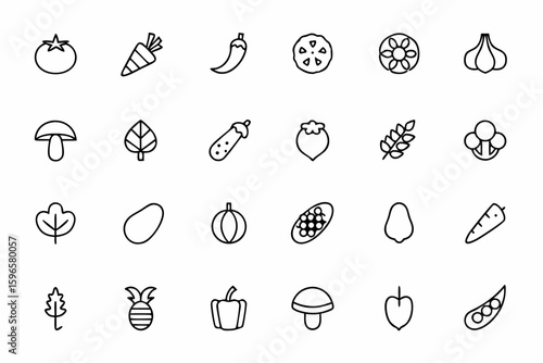 A clean and modern outline pack featuring essential vegetables in a minimal stroke style. Perfect for organic branding, eco packaging, food blog graphics, and healthy lifestyle apps