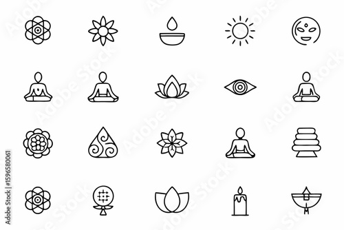 A detailed line art collection blending yoga postures with symbolic chakra placements, ideal for wellness branding, posters, chakra journals, and holistic guides