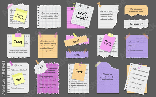 Sticky notes. Paper notes. Set of torn papers, stickers, sticky notes, memo messages, notepads. Sticky paper notes with text.