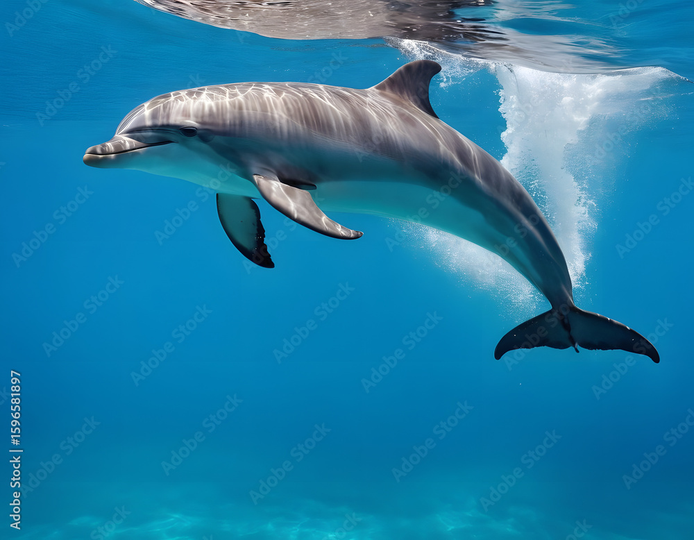 Fototapeta premium Dolphins jumping in the blue sea. A natural wallpaper.