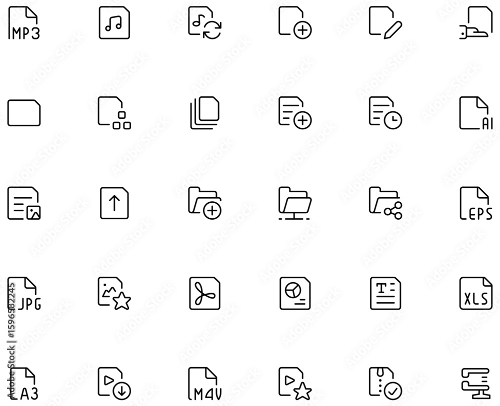 Obraz premium Editable Files and Folders Icon Set – 30 Minimal Line Icons, MP3, JPG, AI, XLS, M4V, Upload, Add Folder, Share, Favorite File, Document Types and more Vector Line Icon Set