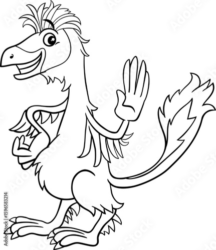 cartoon Caudipteryx or feathered dinosaur waving its hand coloring page