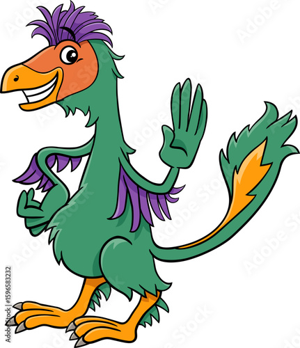 cartoon Caudipteryx or feathered dinosaur character waving its hand