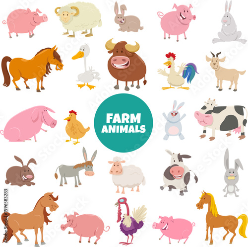 cartoon happy farm animal comic characters big set