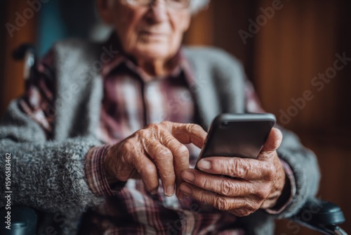 Elderly person using a smartphone with ease, technology for all ages, accessible