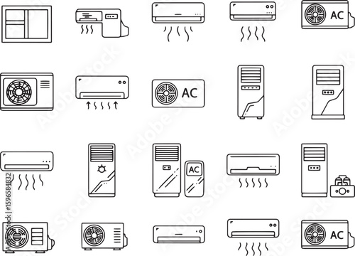 Air conditioner editable stroke outline icons set isolated on white background flat vector illustration. Pixel perfect