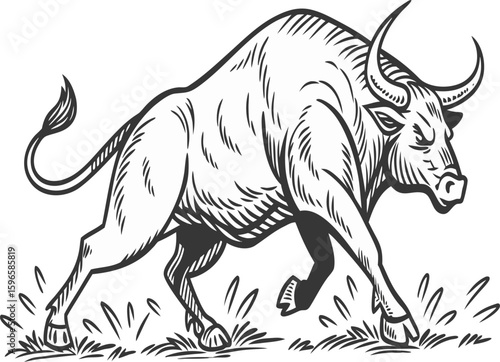 wallstreet style black bull agressive charging with money on solid black and white background, 8k, hyper realistic