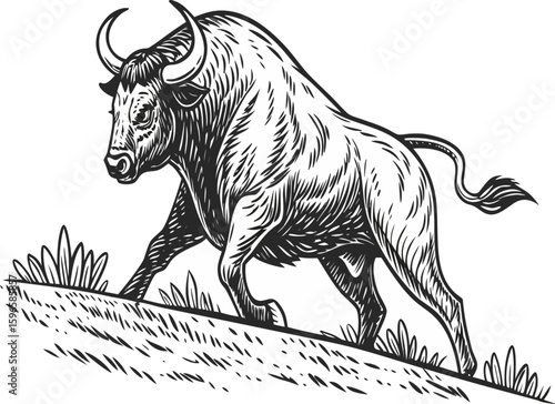 wallstreet style black bull agressive charging with money on solid black and white background, 8k, hyper realistic