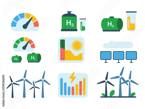  Renewable Energy and Hydrogen Tech,  Green Innovation Symbols for Clean Power, Eco Sustainability, and Climate Solutions