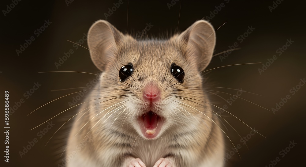 Close-up of a Cute Brown Mouse with Large Black Eyes and Open Mouth on Dark Background Close-up of a Cute Brown Mouse with Large Black Eyes and Open Mouth on Dark Background