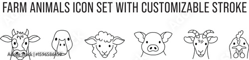 Farm animals icon set, cow, sheep, goat, hen, pork and goose, customizable stroke, vector, illustration