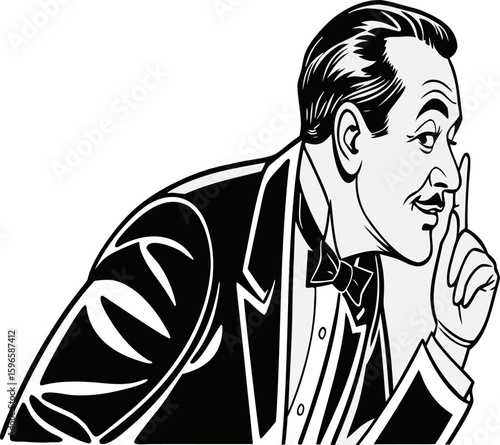 Man in tuxedo makes shushing gesture, conveying secrecy and discretion with a smooth vintage style