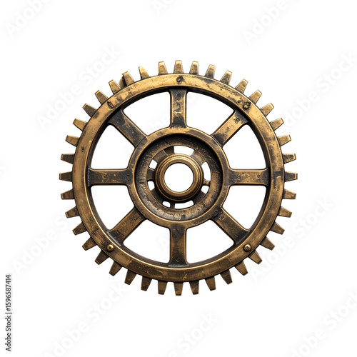Isolated golden steampunk cogwheel mechanism detail and component on transparent background