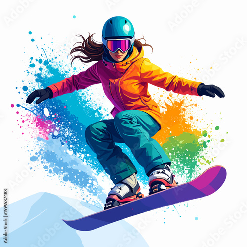 A snowboarder in vibrant winter attire catches air, surrounded by colorful paint splashes.