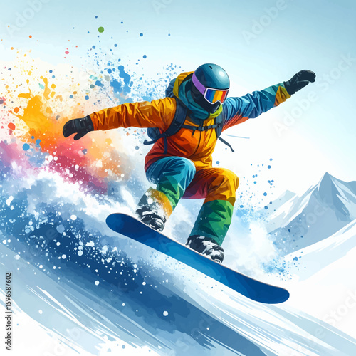 Snowboarder executes a dynamic aerial maneuver amidst a vibrant snow spray and majestic mountain backdrop.