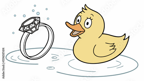 Cartoon illustration of a rubber duck and a diamond ring floating in a puddle with bubbles around it