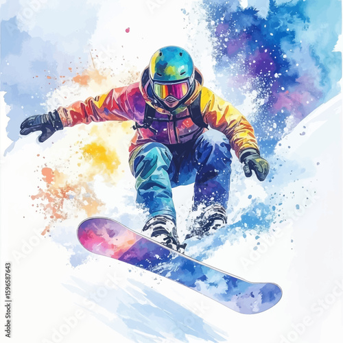 Colorful watercolor illustration of a snowboarder mid-air, dynamic action shot.