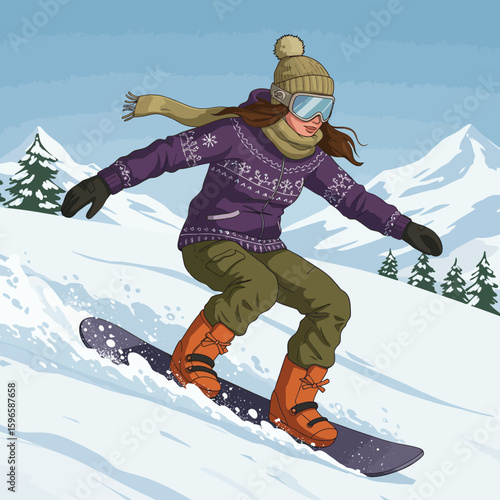 A female snowboarder carves down a snowy mountain slope, enjoying winter sport.