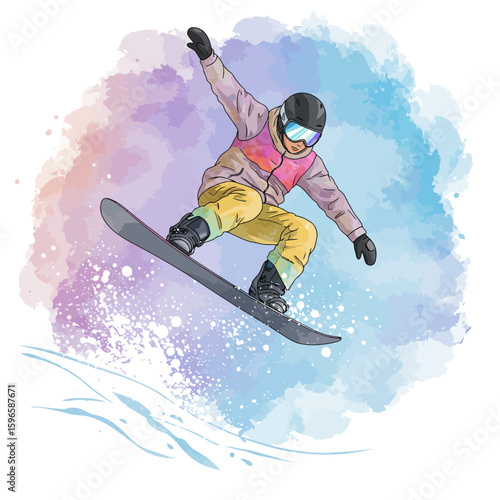 Colorful illustration of a snowboarder mid-air, vibrant watercolor style.