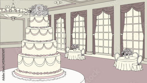 Illustration of a four tier wedding cake in a ballroom with tables and large windows drapes