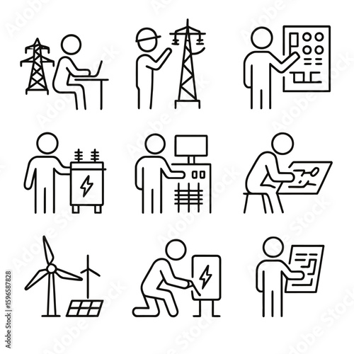 Electrical Grid & Renewable Energy Line Art Icons