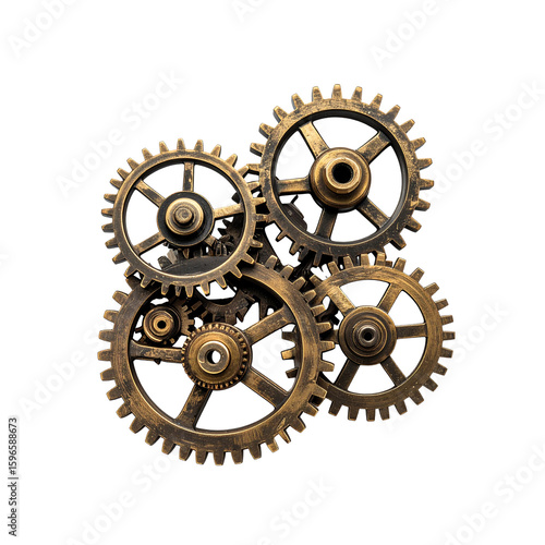 Intricate arrangement of golden gears interlocking precisely, isolated on transparent background