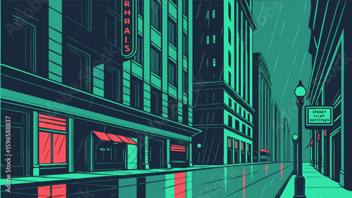 City street scene at night with buildings and a sign in the rain with reflections on the ground