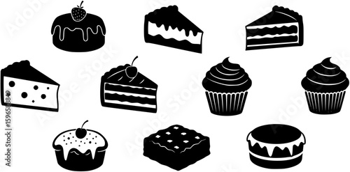 Traditional European and American dessert and popular cake black silhouette icons set on white. Vector stencil clipart, minimalist bakery sign or logo design