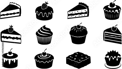 Traditional European and American dessert and popular cake black silhouette icons set on white. Vector stencil clipart, minimalist bakery sign or logo design