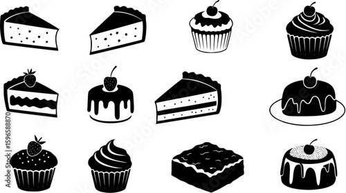 Traditional European and American dessert and popular cake black silhouette icons set on white. Vector stencil clipart, minimalist bakery sign or logo design