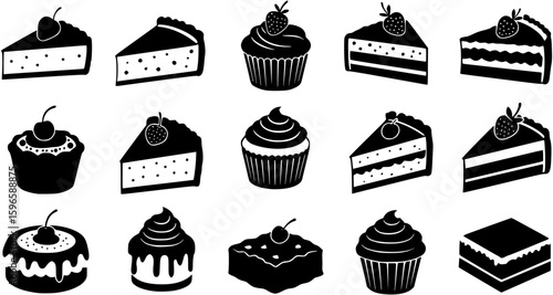 Traditional European and American dessert and popular cake black silhouette icons set on white. Vector stencil clipart, minimalist bakery sign or logo design