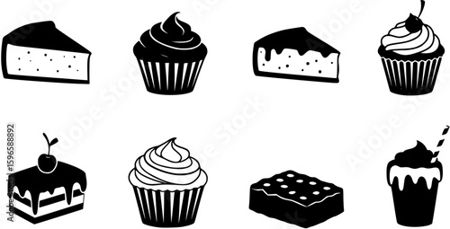 Traditional European and American dessert and popular cake black silhouette icons set on white. Vector stencil clipart, minimalist bakery sign or logo design