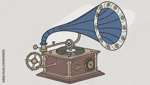 Illustration of a vintage gramophone with a large blue horn and intricate mechanical details shown
