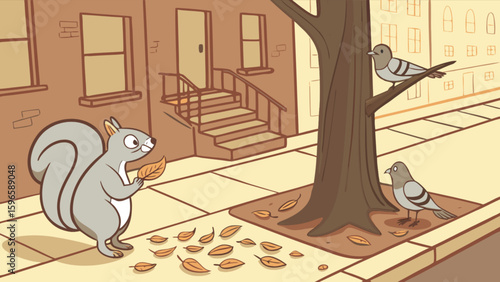 Cartoon squirrel holding a leaf with pigeons in a tree in front of a building on the sidewalk