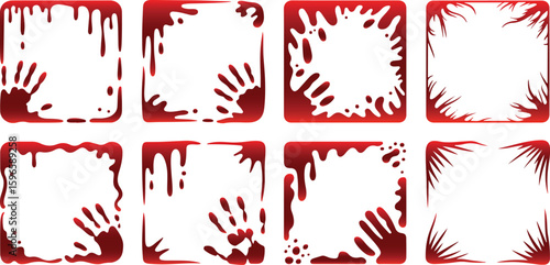 Red blood dripping frames and handprint borders vector set for Halloween horror design elements and spooky graphic backgrounds