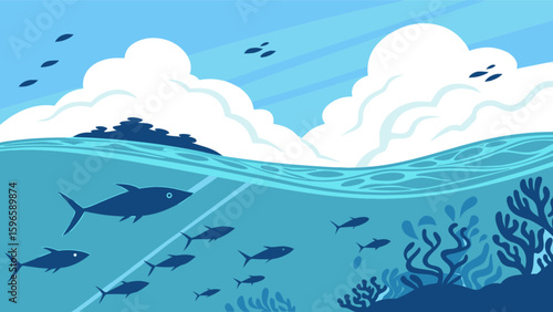 Underwater scene with fish swimming near coral and clouds in the sky above the ocean surface