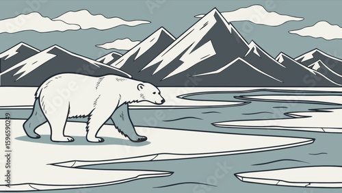 Polar bear walking on ice floes with mountains and clouds in the background illustration scene