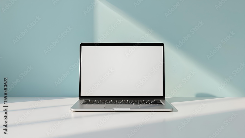 Fototapeta premium Silver laptop with blank screen on office table for technology and business communication