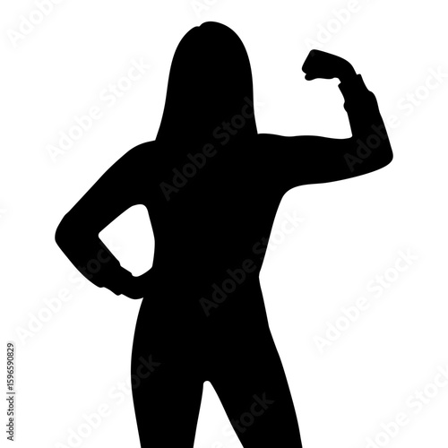 Powerful woman flexing biceps silhouette vector illustration