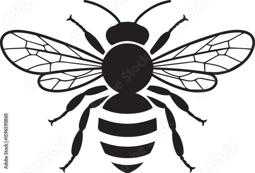 Stylized bee silhouette in a top-down view. This black and white vector graphic icon shows a flying insect, like a honeybee or wasp, with detailed wings. Perfect for logos and nature-themed designs.