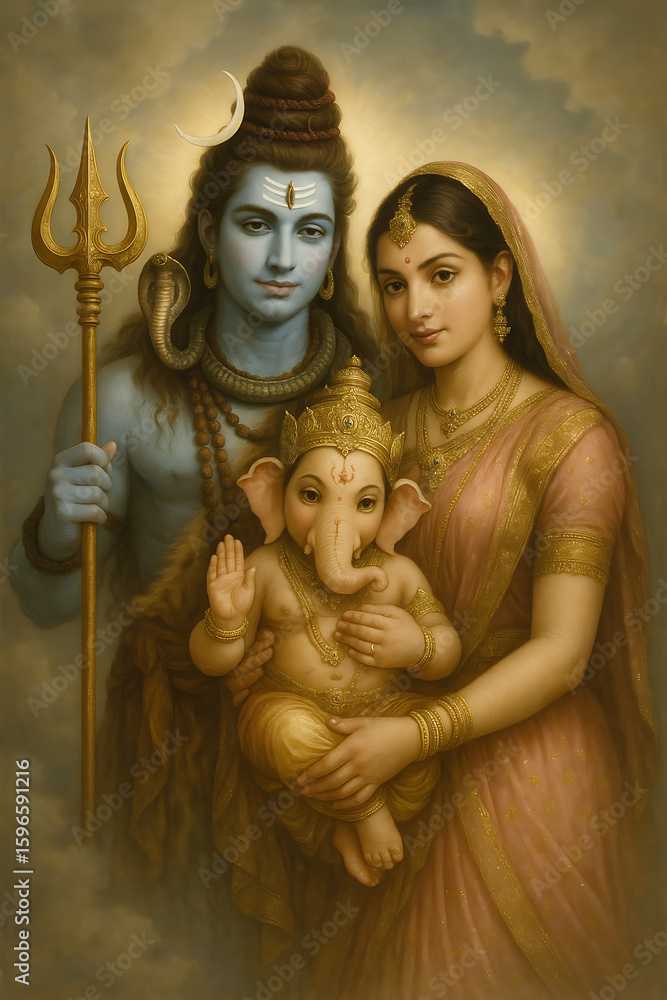 Obraz premium Divine family of mahadev parvati and ganesha holding spiritual presence and love for sacred sawan purnima celebration in hindu devotional artwork