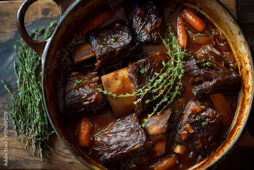 Obraz Braised short ribs with carrots and thyme in a cast iron pot