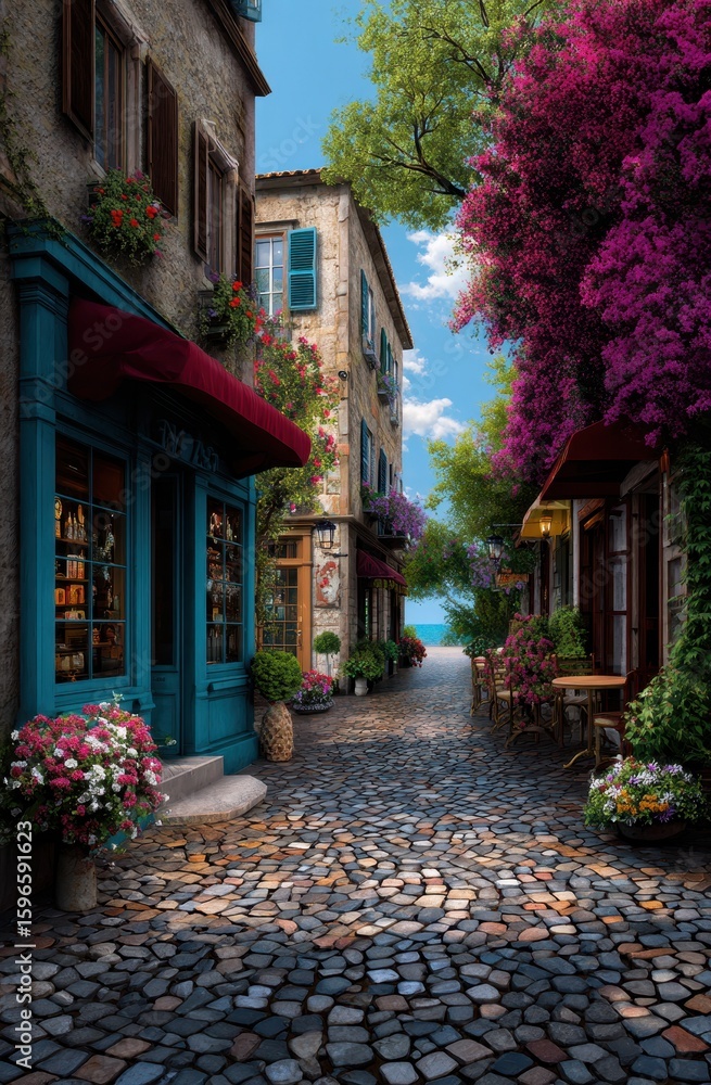 Fototapeta premium A picturesque alleyway adorned with vibrant flowers, quaint shops, and cobblestone streets, leading to a serene blue sea?evoking a perfect blend of beauty and tranquility.